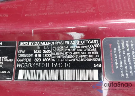 2001 Mercedes-Benz Slk 320 z USA, uszkodzony, nr VIN WDBKK65F01F198210